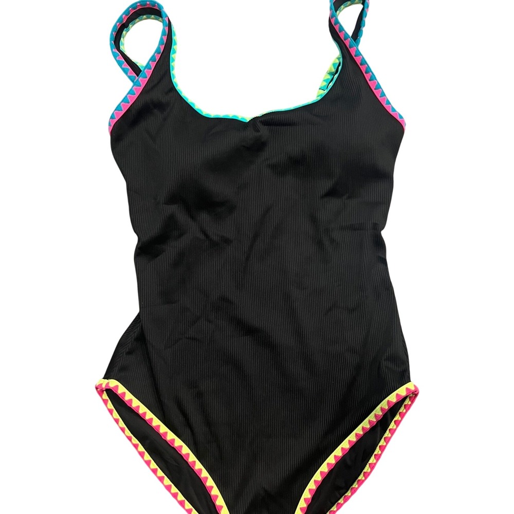 Black Ribbed Swimsuit Neon Geometric Trim Adjustable Straps Scoop Neck size XL